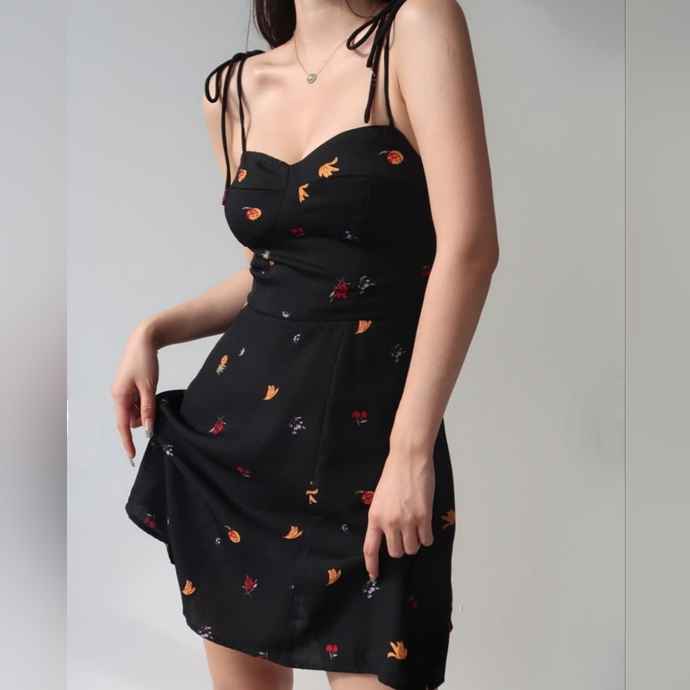 Vintage Black with fruit patterns Mini Strap Dress